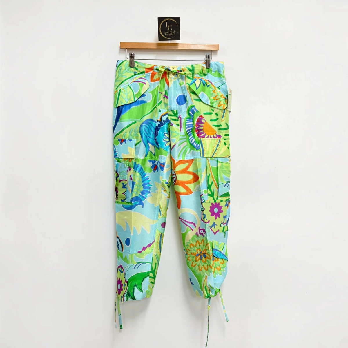 Lynn's Closet Boutique Ralph Lauren floral silk cargo pants in light blue and green with drawstring waist and tie cuffs.