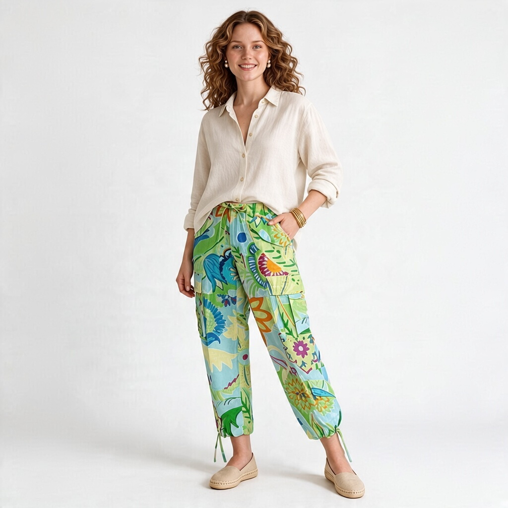 Model wearing Lynn's Closet Boutique Ralph Lauren floral silk cargo pants with drawstring waist and tie-cuff hems.