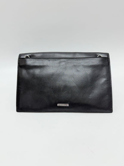 Lynn's Closet Boutique Rebecca Minkoff Sofia black leather clutch bag with silver hardware, back view.