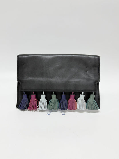 Lynn's Closet Boutique Rebecca Minkoff Sofia black leather clutch featuring a row of colorful suede tassels.