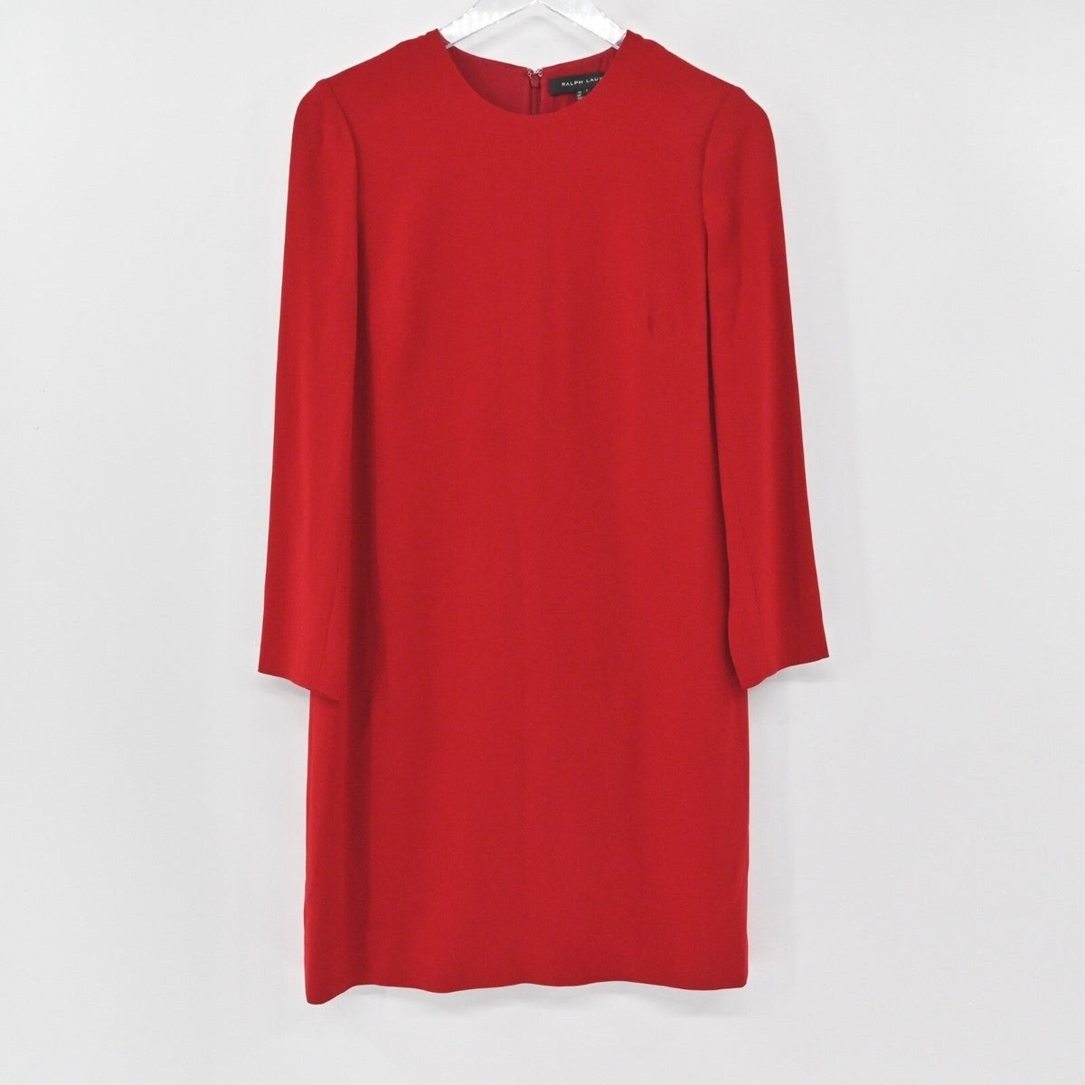 Lynn's Closet Boutique Ralph Lauren Black Label red long sleeve shift dress with a round neckline on a hanger