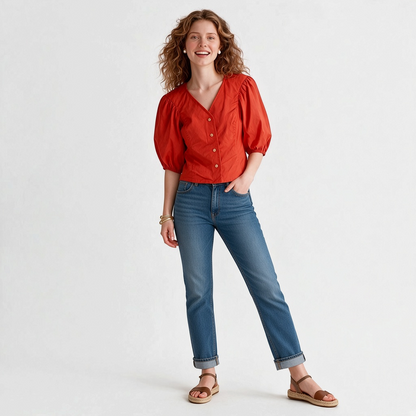 Lynn's Closet Boutique model wearing a red Tory Burch cotton poplin puff sleeve cropped top with blue jeans.