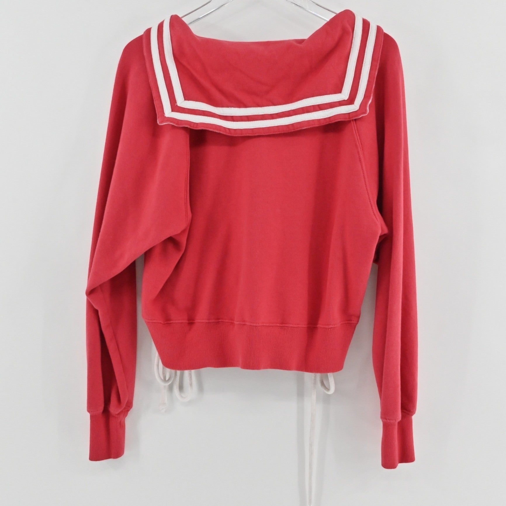 Lynn's Closet Boutique red BDG sailor collar hoodie with white striped trim and lace-up detail, back view