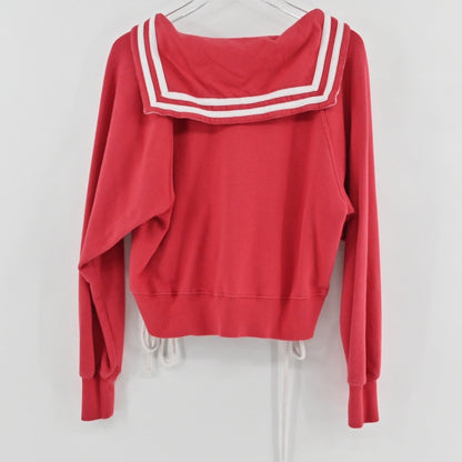 Lynn's Closet Boutique red BDG sailor collar hoodie with white striped trim and lace-up detail, back view