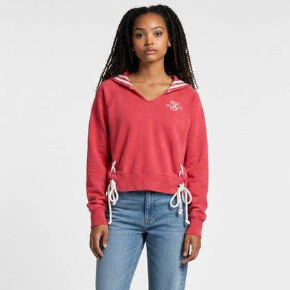 Lynn's Closet Boutique red BDG sailor collar hoodie with lace-up side details worn by a model with blue jeans