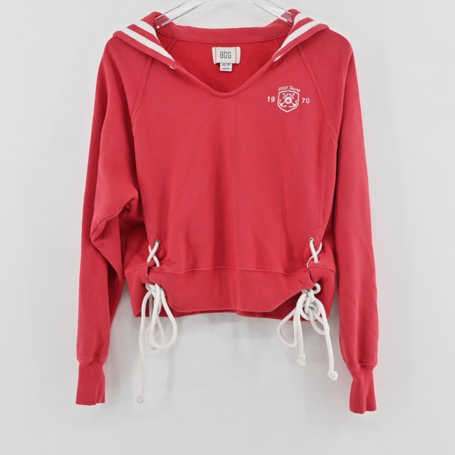Lynn's Closet Boutique red BDG sailor collar hoodie with white lace-up side details and embroidered chest logo