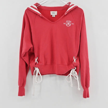 Lynn's Closet Boutique red BDG sailor collar hoodie with white lace-up side details and embroidered chest logo