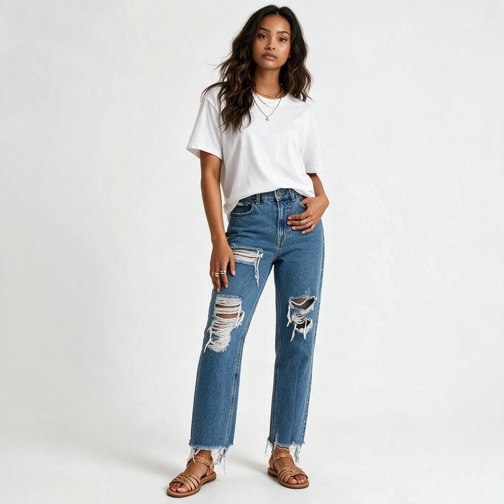 Model wearing Lynn's Closet Boutique Retrofête medium-blue high-rise distressed straight-leg jeans with frayed hem