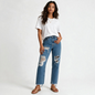 Model wearing Lynn's Closet Boutique Retrofête medium-blue high-rise distressed straight-leg jeans with frayed hem