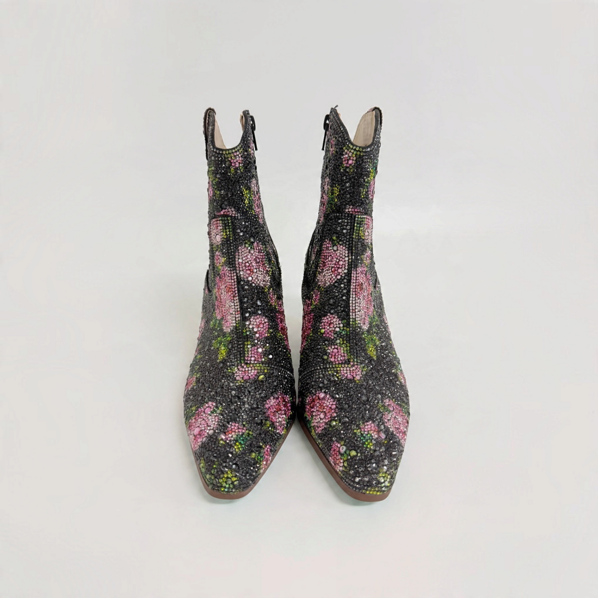 Lynn's Closet Boutique Betsey Johnson Emory black ankle boots with rhinestone floral pattern and block heel