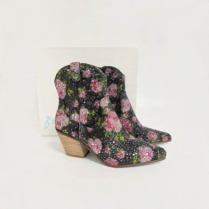 Lynn's Closet Boutique Betsey Johnson Emory black western booties with rhinestone floral pattern and block heel