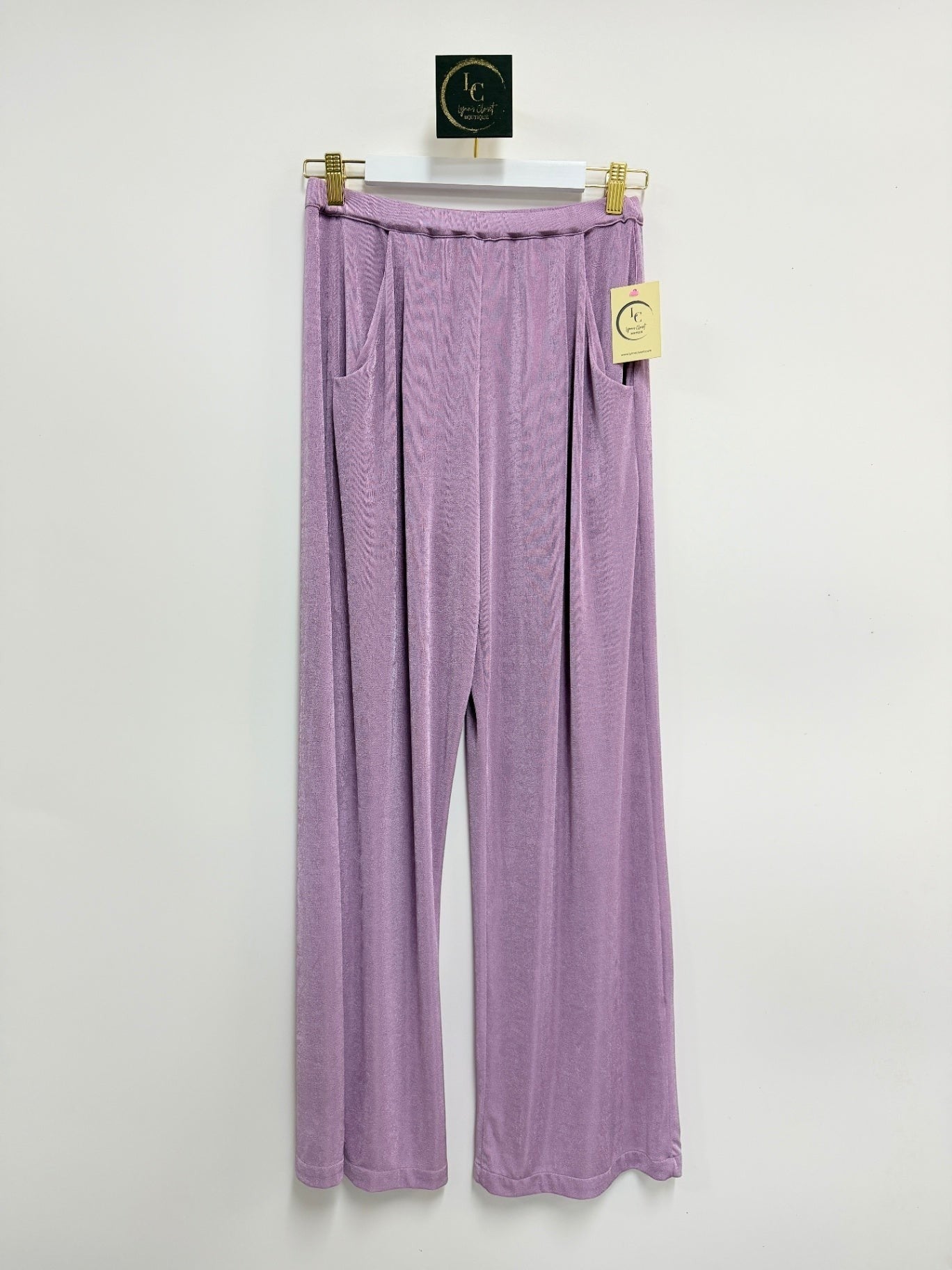 Lynn's Closet Boutique Ripley Rader lilac wide-leg pants with pockets, featuring a lightweight, textured fabric.