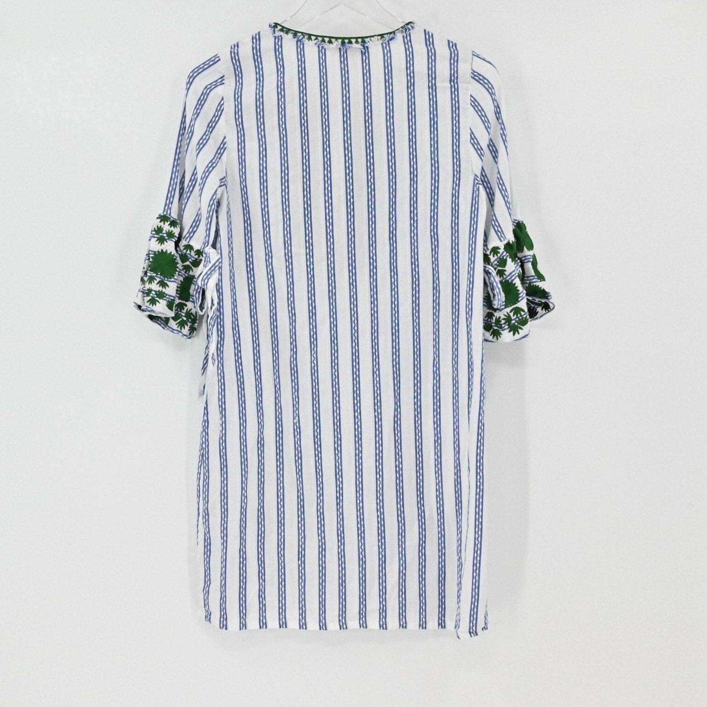 Lynn's Closet Boutique Rungolee shift dress with blue vertical stripes, green embroidery, and tie-detail sleeves.
