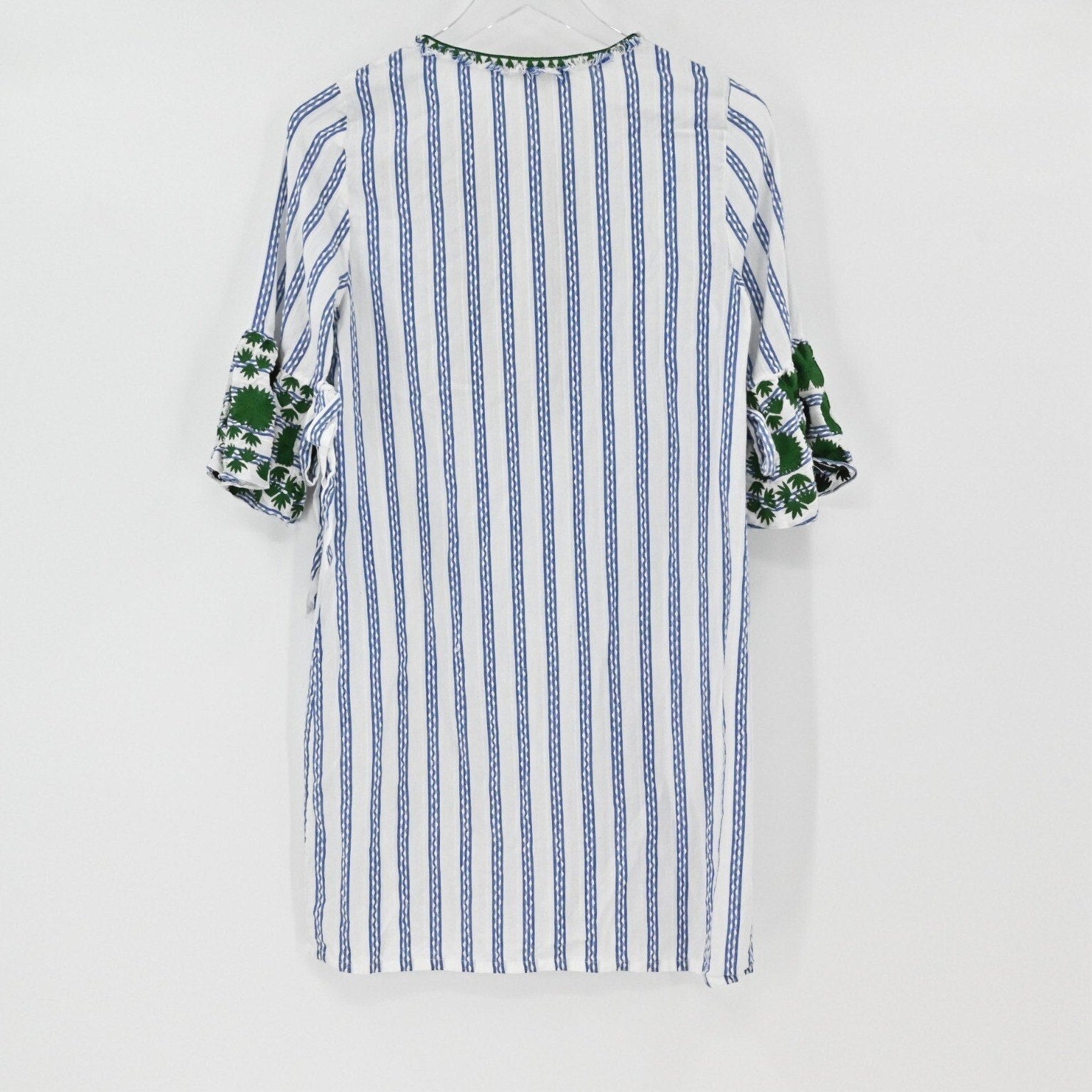 Lynn's Closet Boutique Rungolee shift dress with blue vertical stripes, green embroidery, and tie-detail sleeves.