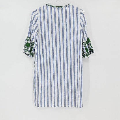 Lynn's Closet Boutique Rungolee shift dress with blue vertical stripes, green embroidery, and tie-detail sleeves.
