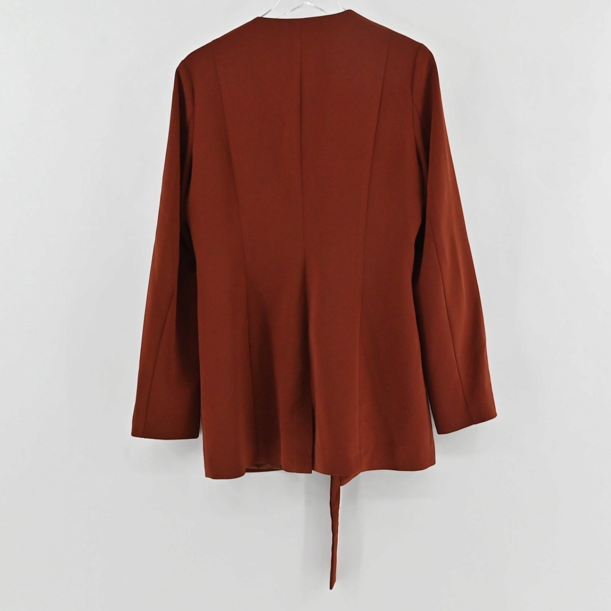 Lynn's Closet Boutique Andrea Iyamah rust-brown collarless blazer back view with tie-waist detail