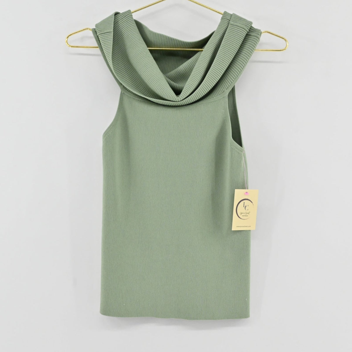 Lynn's Closet Boutique Alice + Olivia sage green sleeveless ribbed top with an elegant cowl neckline on a hanger.