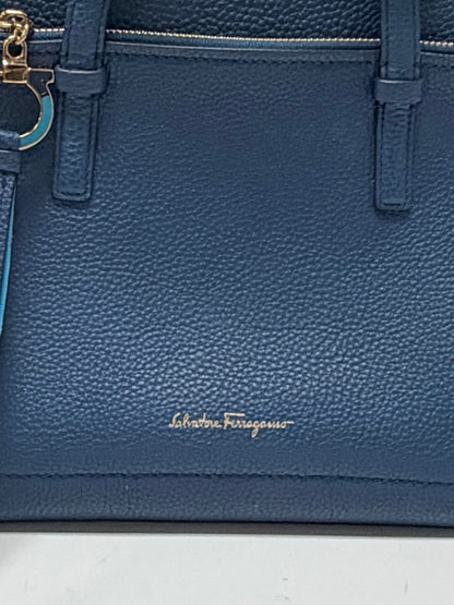 Lynn's Closet Boutique Salvatore Ferragamo Amy small blue pebbled leather tote bag with gold Gancini charm detail