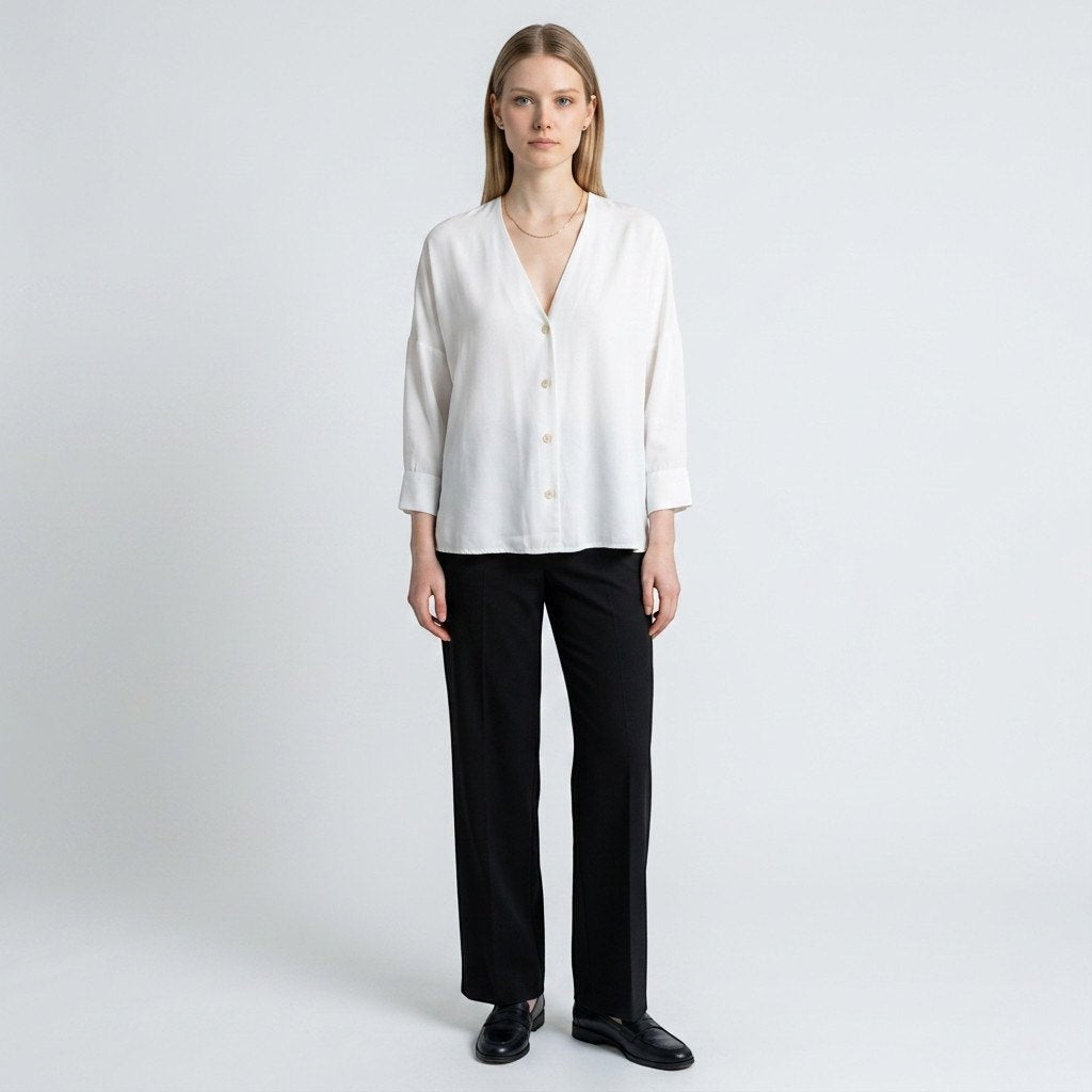 A model wearing a white Sandro button-down top with a V-neckline, paired with black trousers from Lynn's Closet Boutique.
