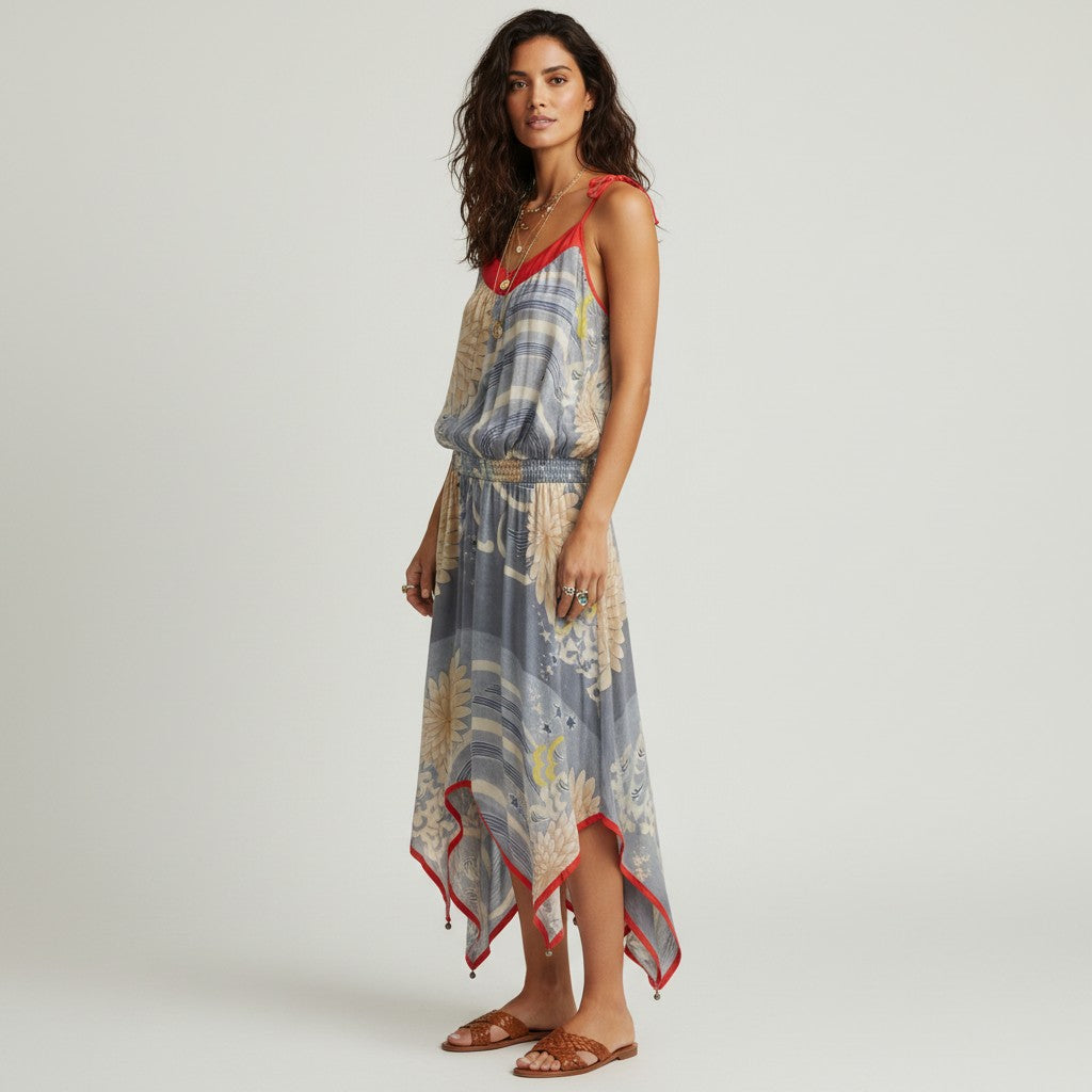 Lynn's Closet Boutique Sass & Bide blue and tan floral print midi dress with red trim and tie straps.