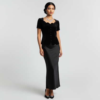 Model wearing a vintage Lynn's Closet Boutique black velvet jacket with a scalloped neckline and fabric-covered buttons.