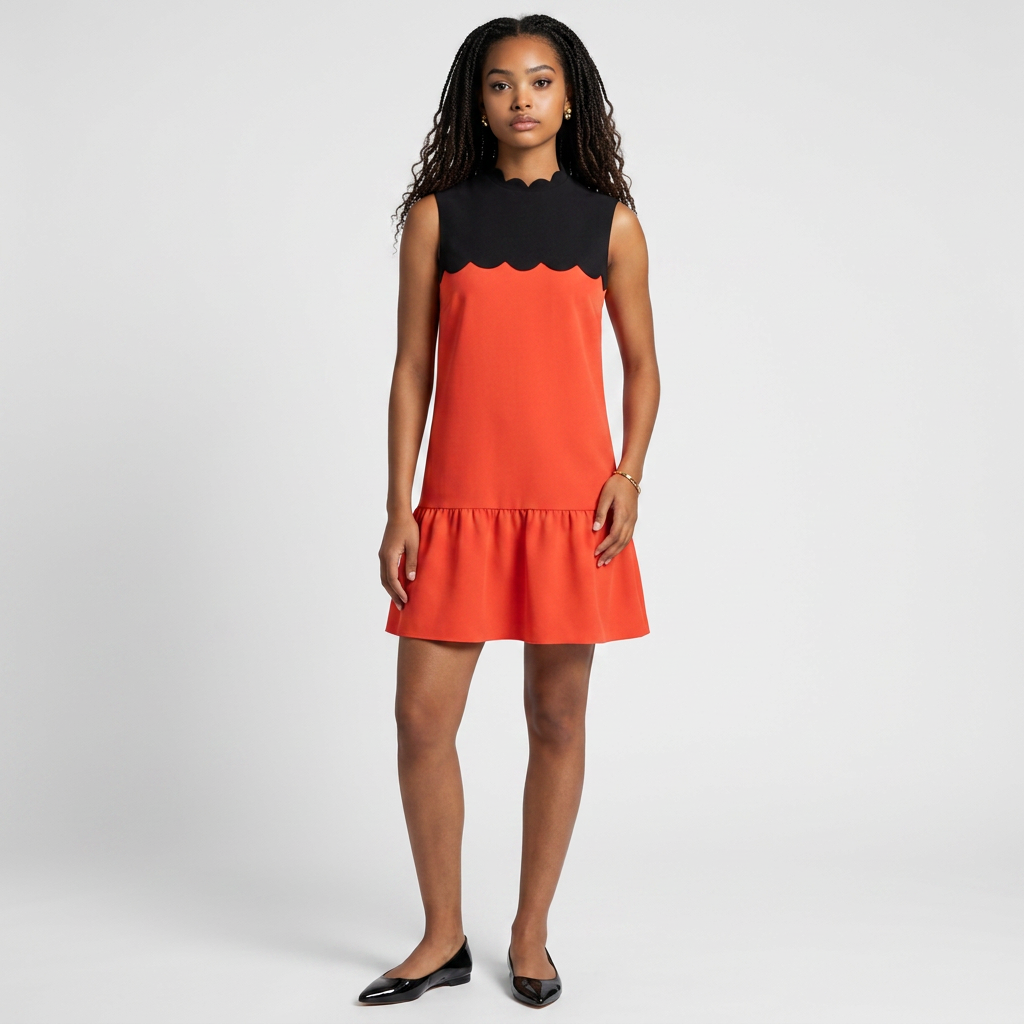 Lynn's Closet Boutique model wearing a Victoria Beckham for Target orange and black color-block scallop shift dress