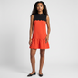 Lynn's Closet Boutique model wearing a Victoria Beckham for Target orange and black color-block scallop shift dress