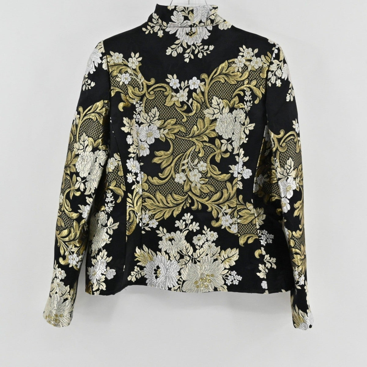 Lynn's Closet Boutique Christian Ruperto silk brocade jacket in black with gold and silver floral patterns, back view.