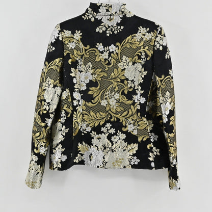 Lynn's Closet Boutique Christian Ruperto silk brocade jacket in black with gold and silver floral patterns, back view.