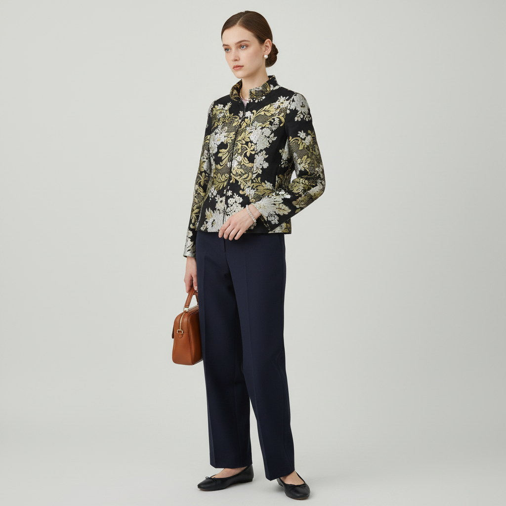 Model wearing a Lynn's Closet Boutique Christian Ruperto silk brocade jacket with black, gold, and silver floral print.
