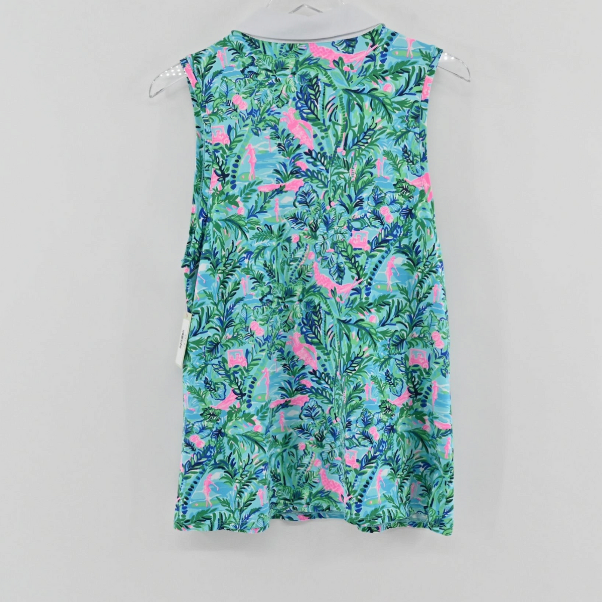 Lynn's Closet Boutique sleeveless athletic polo in Blue Horizon Par Fection tropical print with green and pink accents