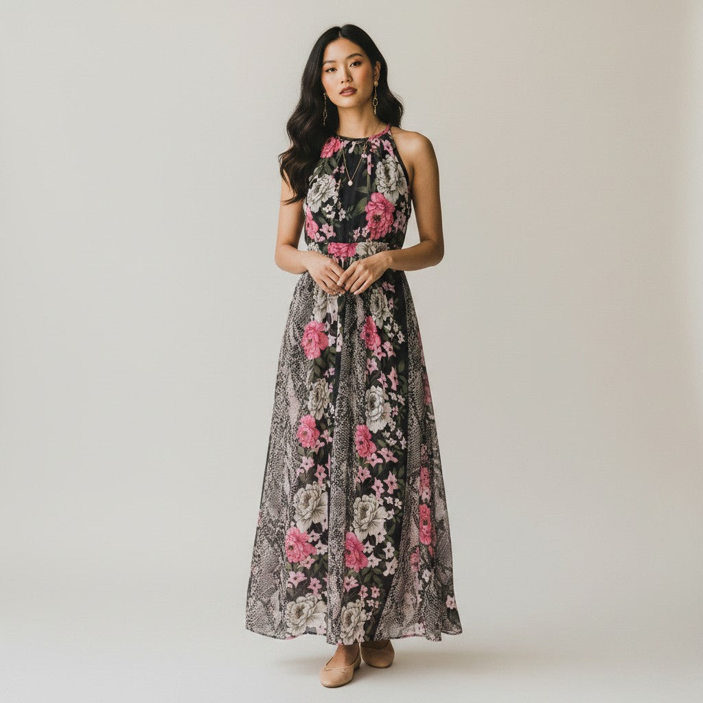 Lynn's Closet Boutique black maxi dress with pink floral and snakeskin print, halter neck, size 6