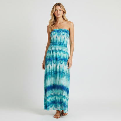 Lynn's Closet Boutique Veronica M watercolor strapless maxi dress with blue and green tie-dye print. Size S.