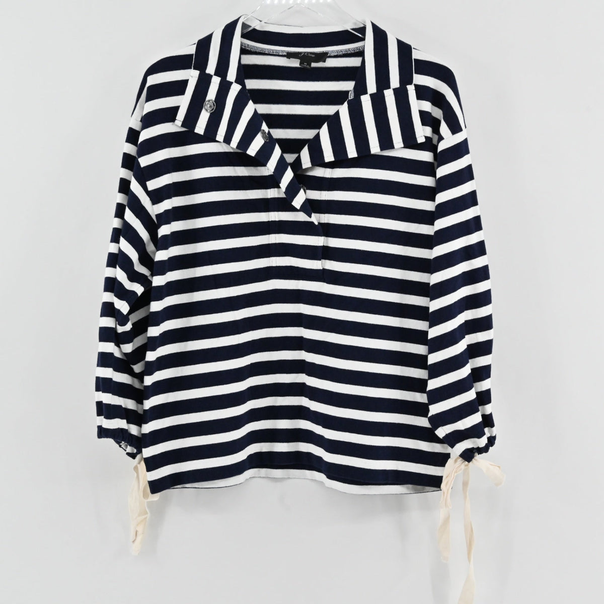 Lynn's Closet Boutique J.Crew navy and white striped knit popover with snap-neck and tie-cuff details