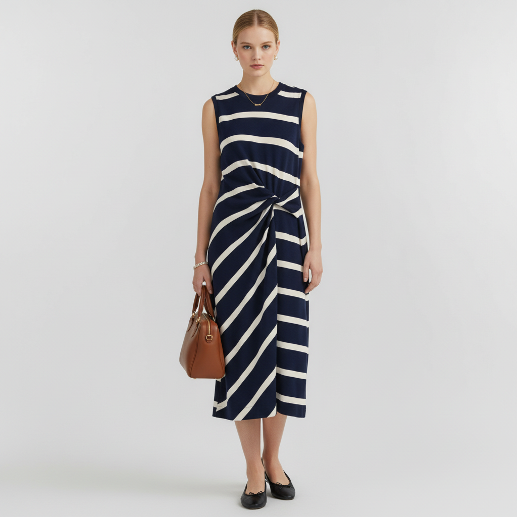 Model wearing a Lynn's Closet Boutique Tanya Taylor navy and cream striped midi dress with a twist front detail.