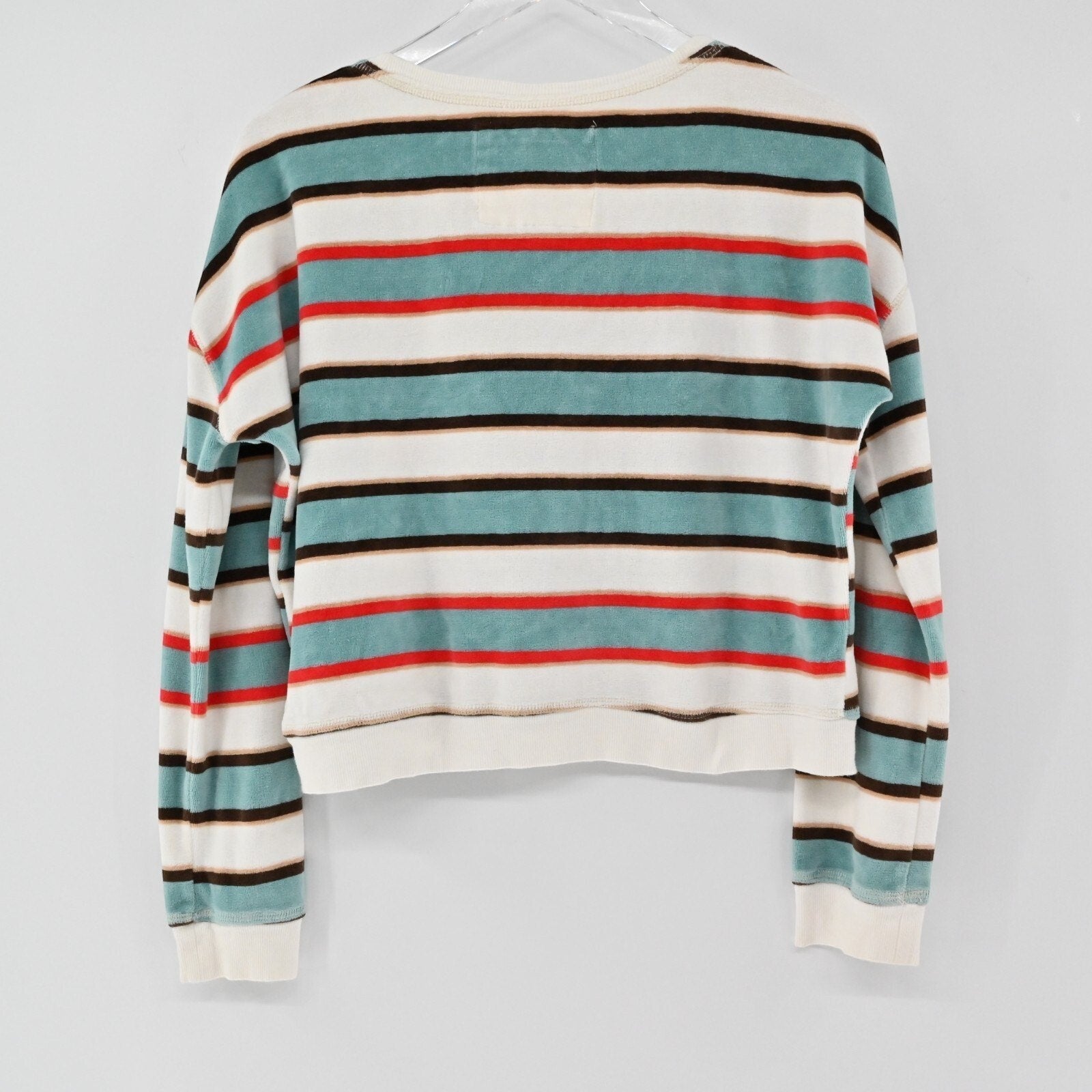 Back view of a Lynn's Closet Boutique Abercrombie & Fitch striped velour sweatshirt with teal, red, and brown stripes.