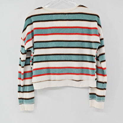 Back view of a Lynn's Closet Boutique Abercrombie & Fitch striped velour sweatshirt with teal, red, and brown stripes.