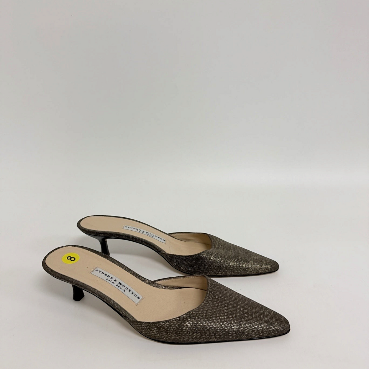 Lynn's Closet Boutique Stubbs & Wootton metallic gold pointed-toe kitten heel mules with size 8 sticker