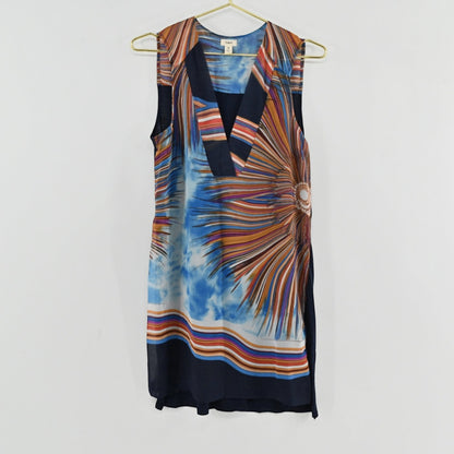 Lynn's Closet Boutique Anthropologie sleeveless shift dress with a vibrant sunburst print in orange and blue tones.