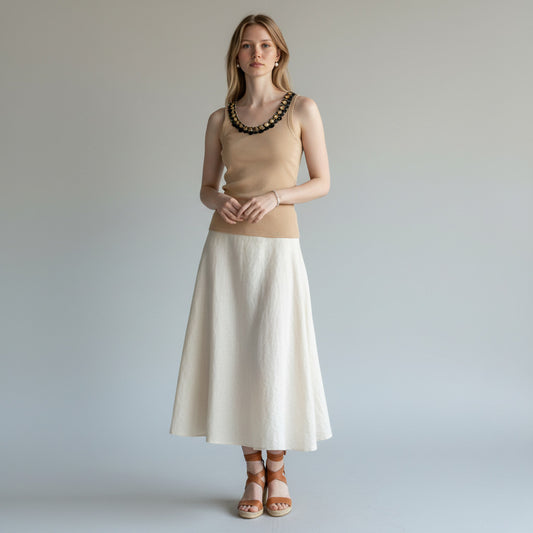Lynn's Closet Boutique tan ribbed knit tank top with beaded neckline, size L.