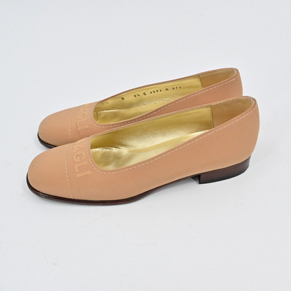 Lynn's Closet Boutique Bruno Magli tan leather loafer pumps with embossed logo and gold interior lining