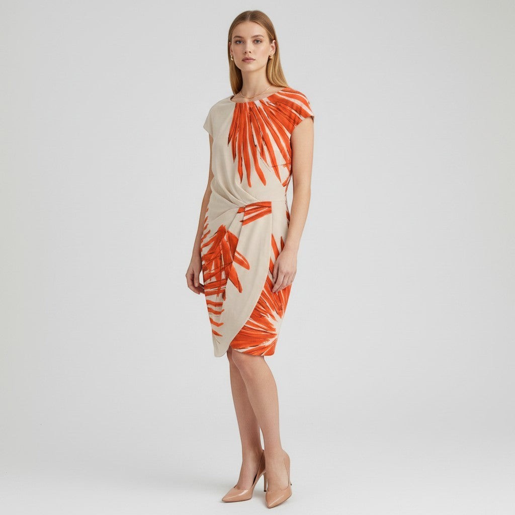 Lynn's Closet Boutique tan and orange abstract print silk dress with cap sleeves and draped front, size 14.