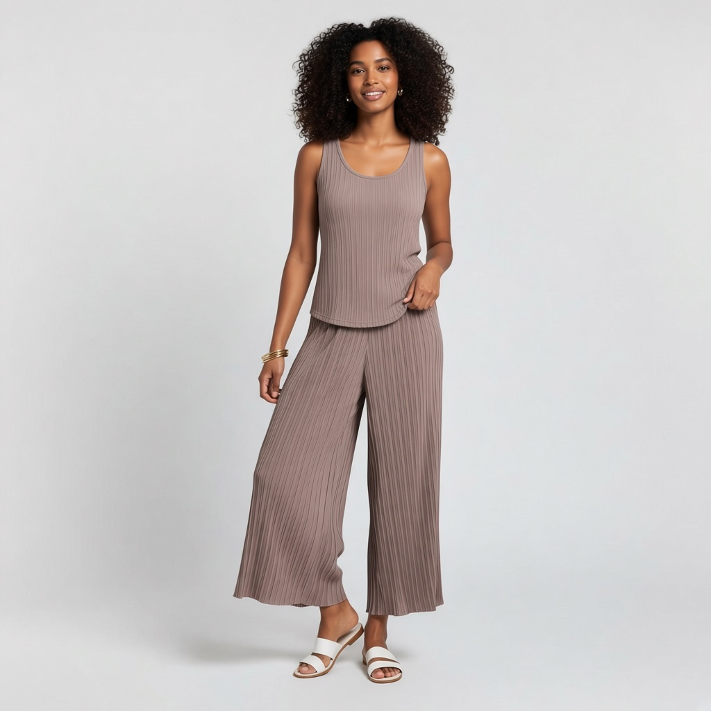 Model wearing a Lynn's Closet Boutique tan pleated sleeveless top and wide-leg trousers set with white sandals.