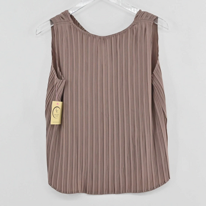 Lynn's Closet Boutique tan sleeveless pleated top with a relaxed silhouette hanging on a clear hanger