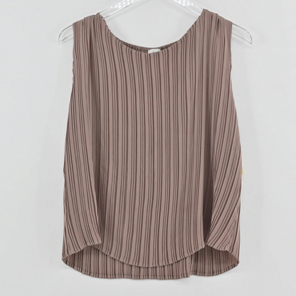 Lynn's Closet Boutique tan sleeveless pleated top with a relaxed silhouette and vertical texture