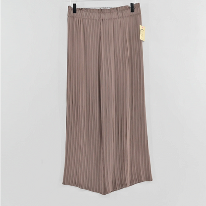 Lynn's Closet Boutique tan pleated wide-leg trousers with an elasticized waistband hanging on a hanger.
