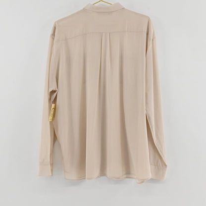 Back view of a Lynn's Closet Boutique tan silk-blend button-down shirt with a relaxed fit and long sleeves.