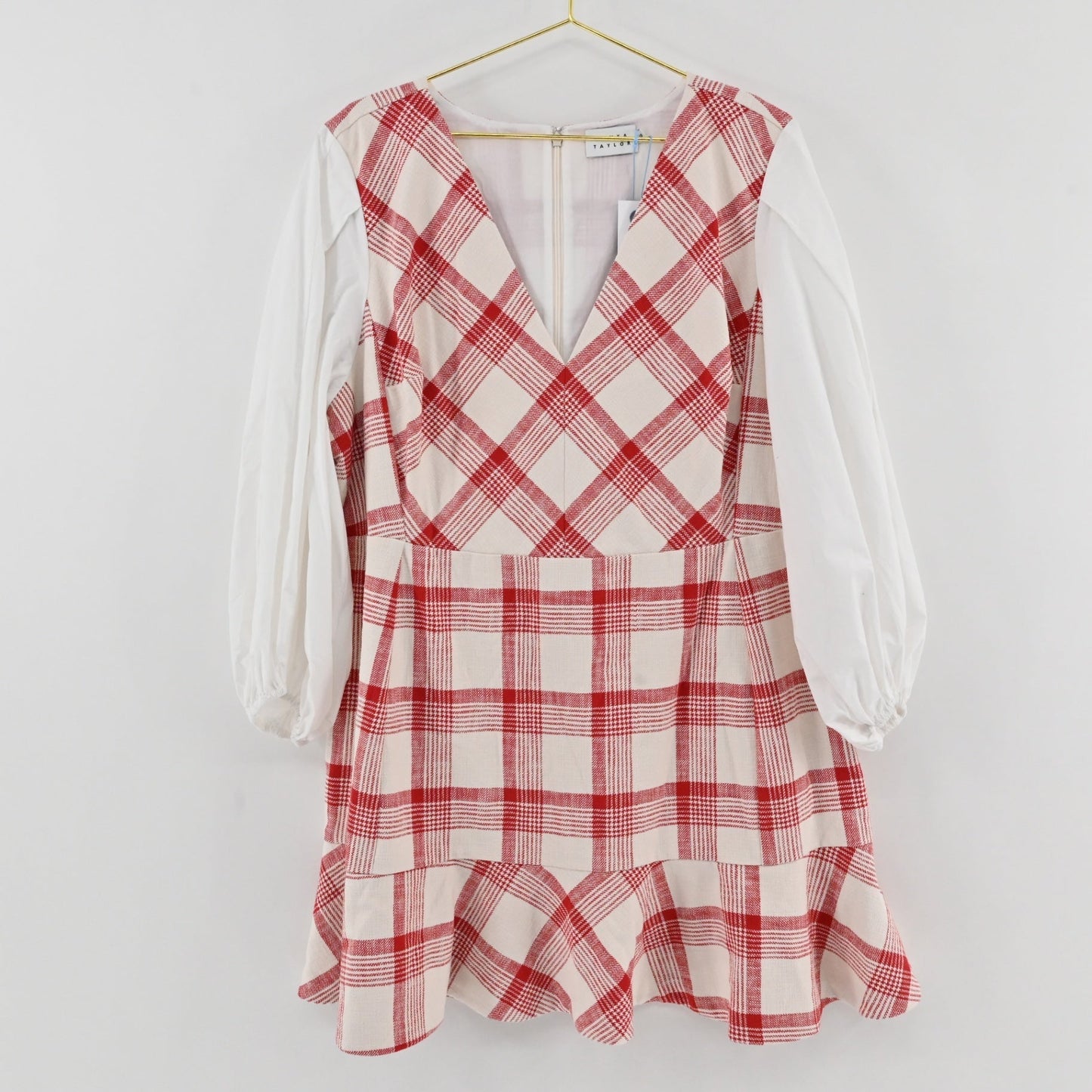 Lynn's Closet Boutique Tanya Taylor Gemma dress in red and cream plaid with V-neck and white puff sleeves.