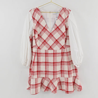 Lynn's Closet Boutique Tanya Taylor Gemma dress in red and cream plaid with V-neck and white puff sleeves.