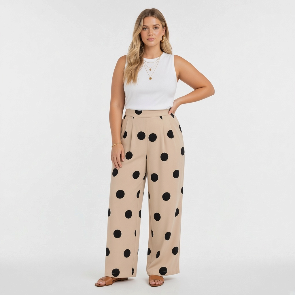 Model wearing Lynn's Closet Boutique beige wide-leg pants with black polka dots and a white sleeveless top